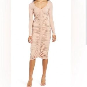 Pink Nude Rachel Parcell Nordstrom Long Sleeve Ruched Tan Party Dress Small